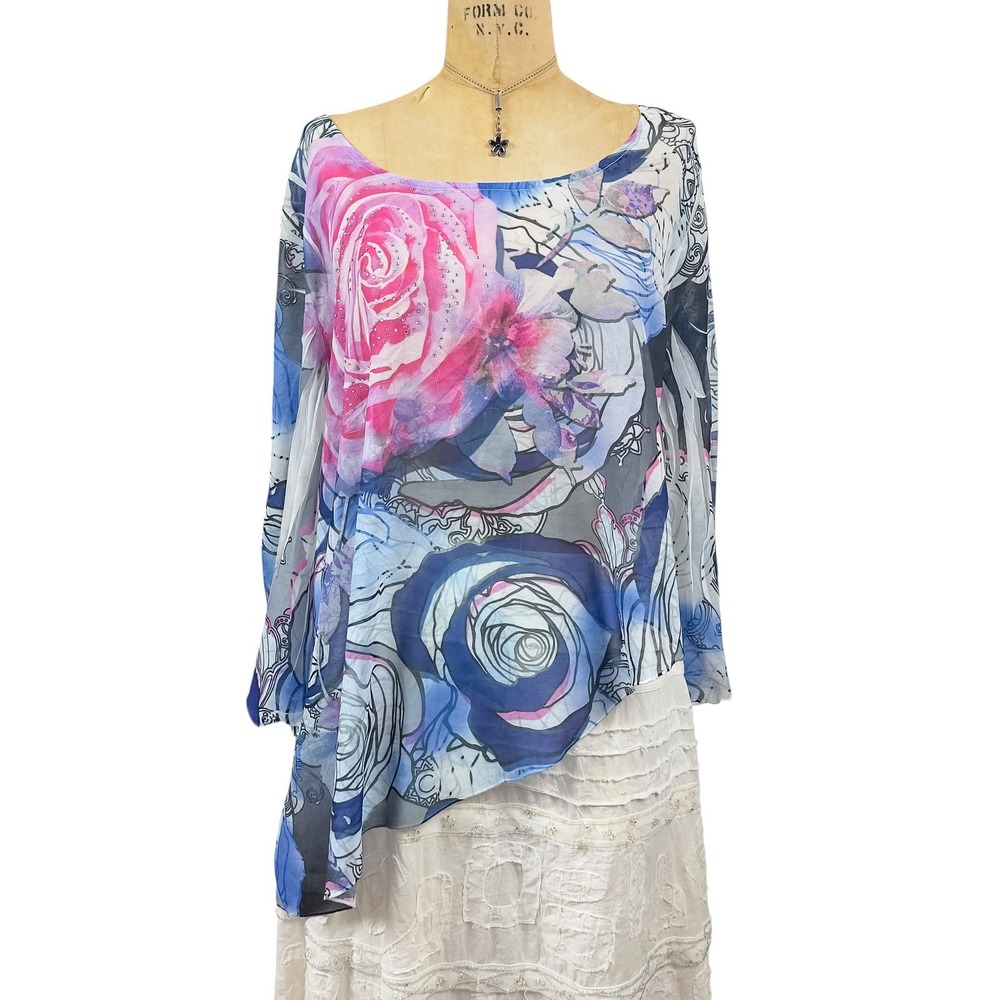 Y2K Fairy Sheer Asymmetric Blouse Embellished Rose Print Dreamy Ethereal Top OS